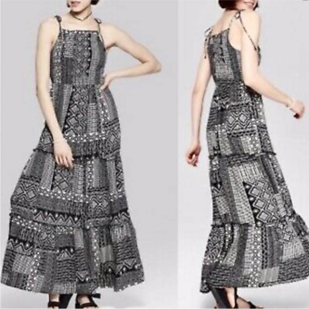 Wild Fable Strappy Smocked Patchwork Patterned Maxi Dress